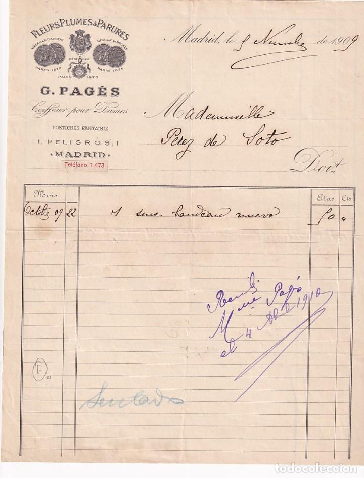 Cartas comerciales: Fleurs Plumers & Parures. G. Pag&eacute;s. Madrid 1909
