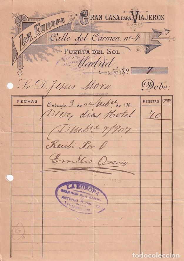 Cartas comerciales: La Europa Gran Casa de Viajeros. Calle del Carmen. Puerta del Sol. Madrid