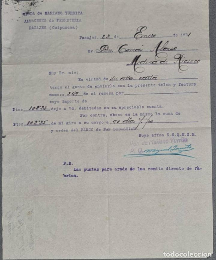 Cartas comerciais: Viuda de Mariano Yurrita. Almacenes de Ferreter&iacute;a. Guip&uacute;zcoa. Espa&ntilde;a 1931