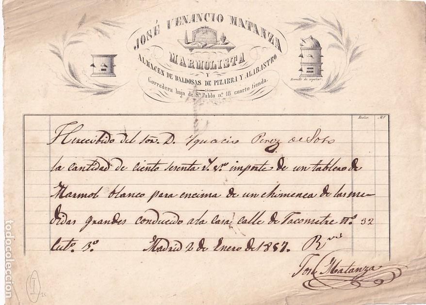 Cartas comerciales: Jos&eacute; Venancio Matanza. Marmolista. Madrid. Firma propietario