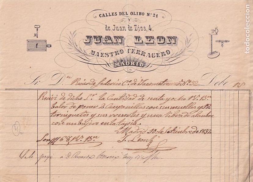 Cartas comerciales: Juan Le&oacute;n. Maestro Cerrajero. Calles de Olibo y Juan de D&iacute;os. Madrid. Firma propietario