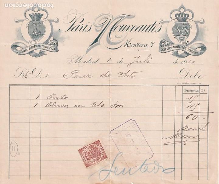 Cartas comerciais: Paris Mouveautes Montera 7 Madrid. Confecci&oacute;n. 1910