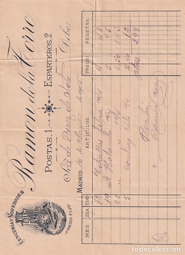 Cartas comerciais: Ram&oacute;n de la Torre Postas Lencer&iacute;a novedades. Madrid. 1905