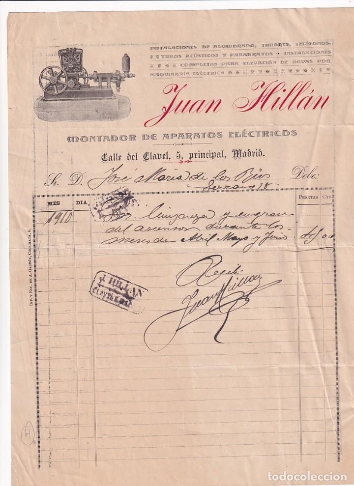 Cartas comerciais: Montador de aparatos el&eacute;ctrico. Madrid. Juan HIll&aacute;n. Firma propietario.