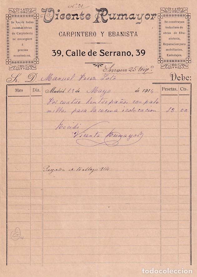 Cartas comerciais: Vicente Rumayor Carpintero y Ebanista. Calle Serrano. Madrid. Firma propietario