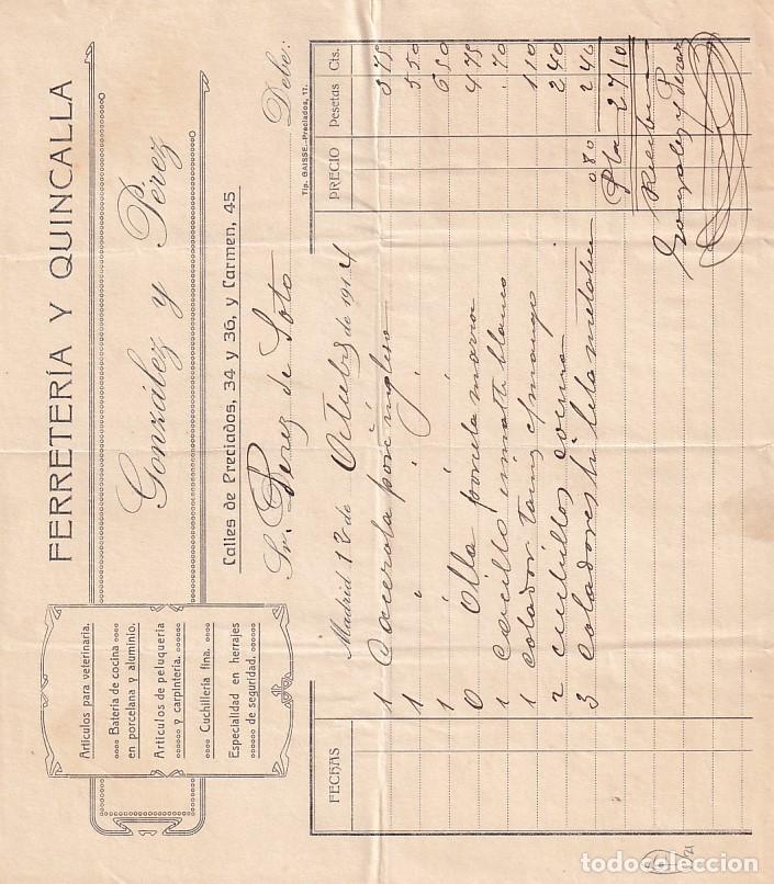 Cartas comerciais: Ferreter&iacute;a y Quincalla Gonz&aacute;lez y P&eacute;rez. Calle de Preciados y el Carmen. Madrid. Firma propietario