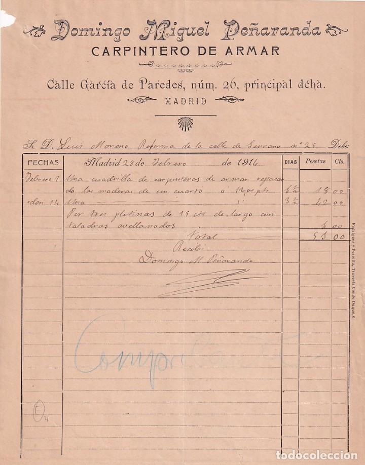 Cartas comerciais: Domingo Miguel Pe&ntilde;aranda. Carpintero de Armar. Garc&iacute;a de Paredes. Madrid. Firma propietario