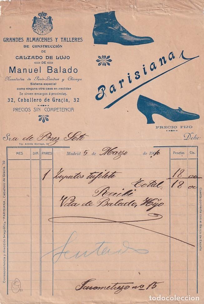 Cartas comerciais: Grandes almacenes y talleres Calzado de lujo. Manuel Balado. Parisiana Madrid. Firma propietario