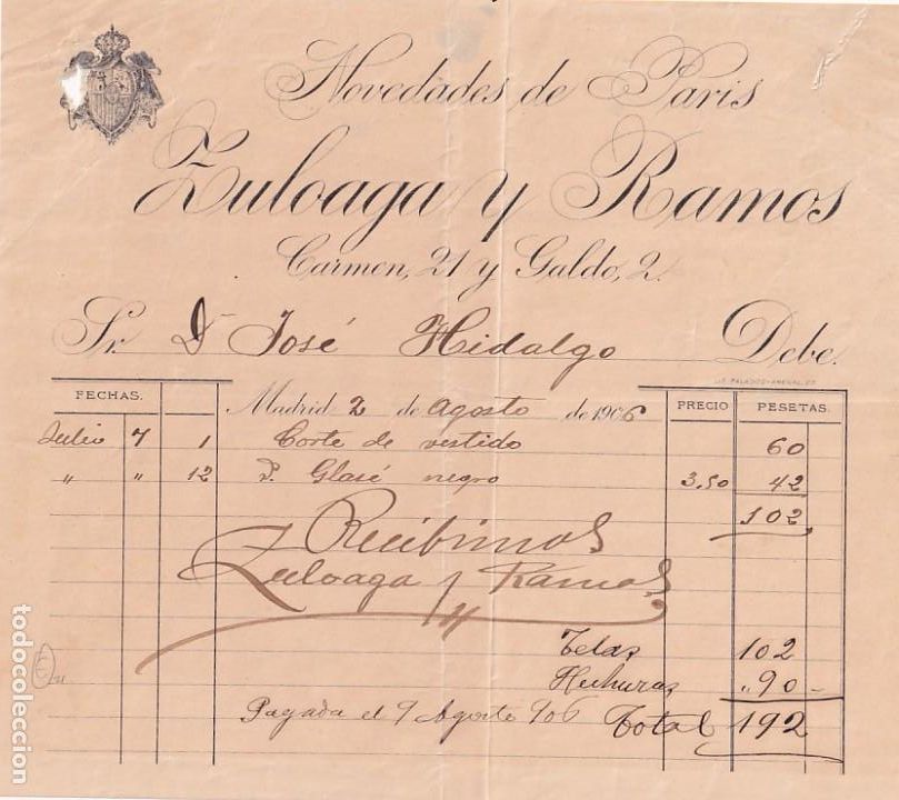 Cartas comerciais: Novedades de Par&iacute;s. Zuloaga y Ramos Carmen. Madrid. Firma propietario
