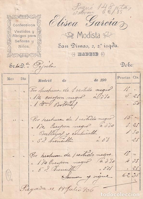 Cartas comerciais: Elisea Garc&iacute;a Modista. San Dimas. Confecciones vestidos, abrigos. Madrid. Firma propietario