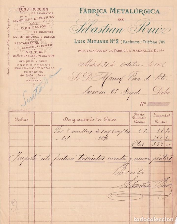 Cartas comerciais: F&aacute;brica metal&uacute;rgica de Sebasti&aacute;n Ruiz. 1906 Madrid. Firma propietario