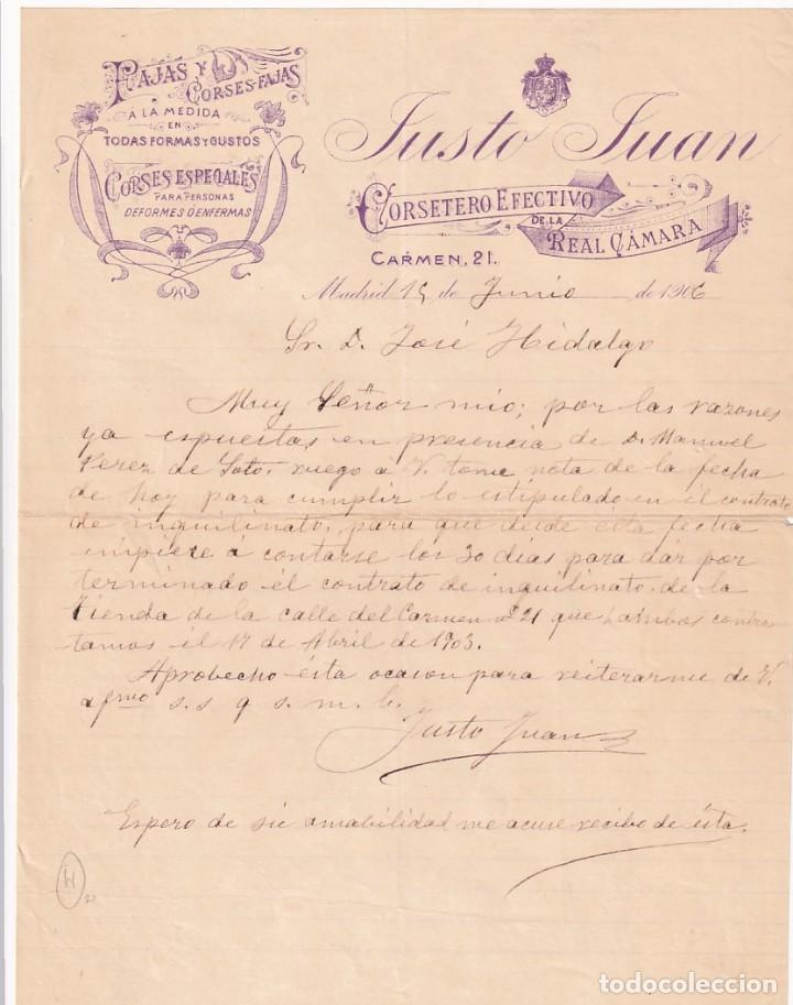 Lettres commerciales: Fajas y cors&eacute;s a la medida Justo Juan. Carmen 21 a&ntilde;o 1906 Madrid. Firma propietario