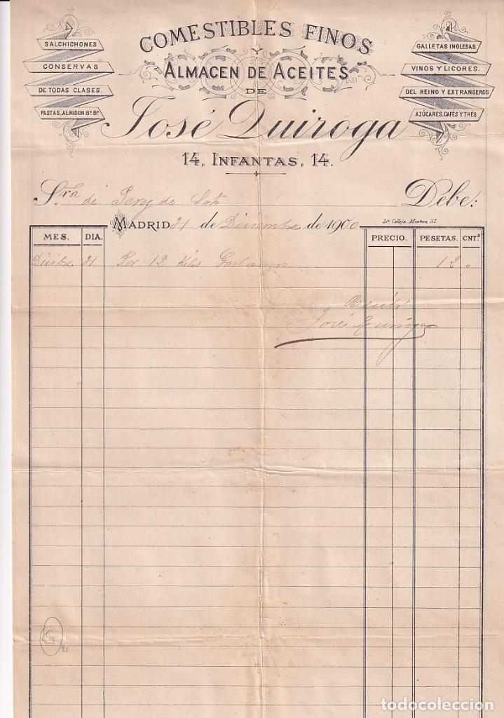 Cartas comerciais: Comestibles finos. Almac&eacute;n de aceites. Jose Quiroga. Infantas. Madrid. Firma propietario