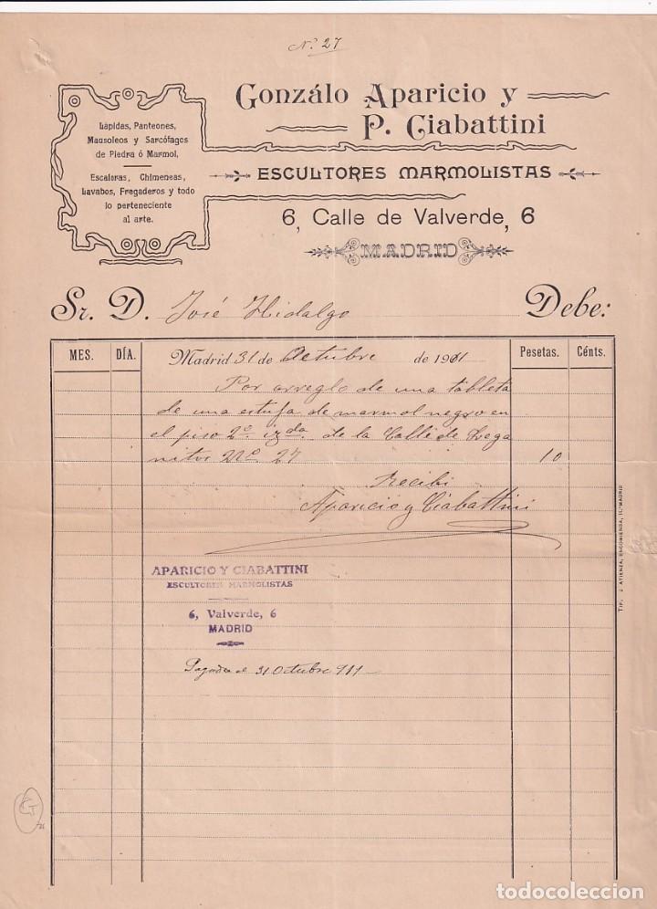 Cartas comerciais: Gonz&aacute;lo Aparicio y P. Giabattini. Escultores marmolistas. Calle Valverde.. Madrid. Firma propietario
