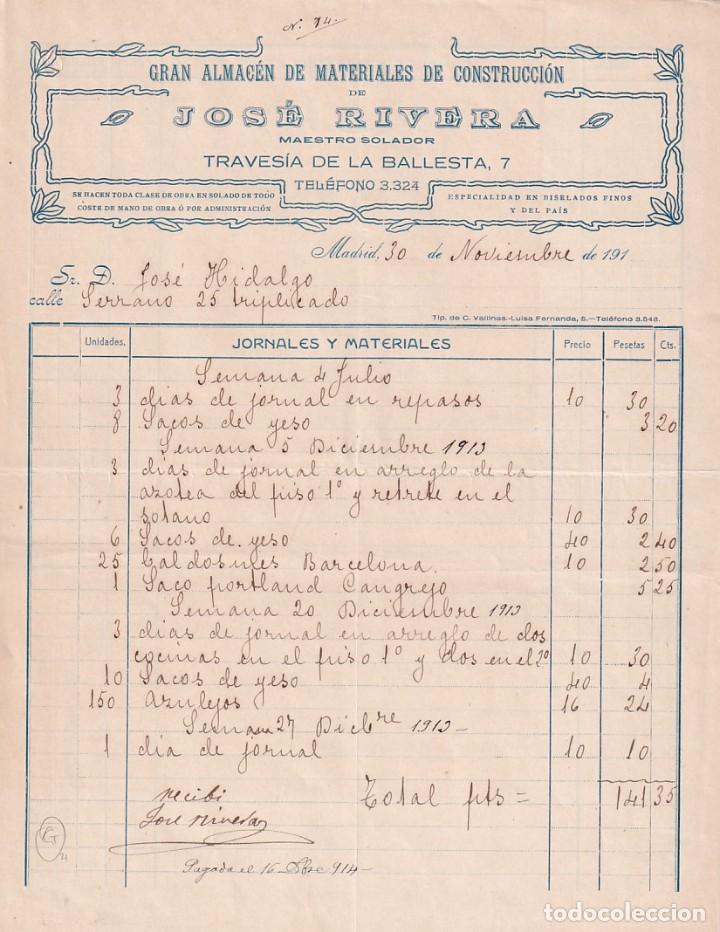 Cartas comerciais: Gran almac&eacute;n de materiales de construcci&oacute;n. Jos&eacute; Rivera. Traves&iacute;a Ballesta Madrid. Firma propietario