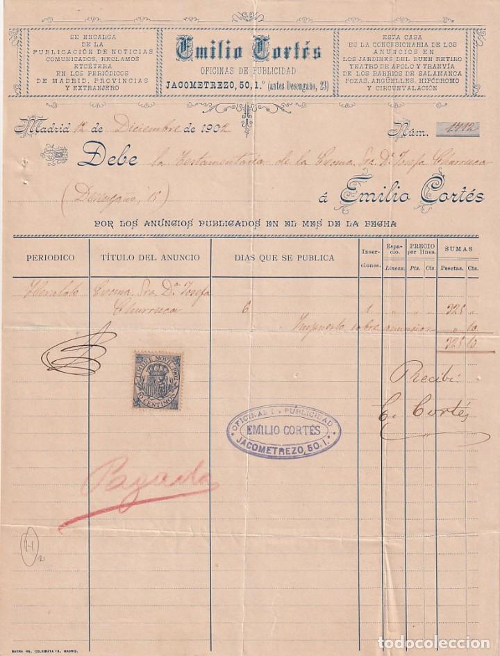 Cartas comerciais: Emilio Cort&eacute;s. Publicaci&oacute;n de noticias. anuncios. Jacometrezo. Madrid. Firma propietario