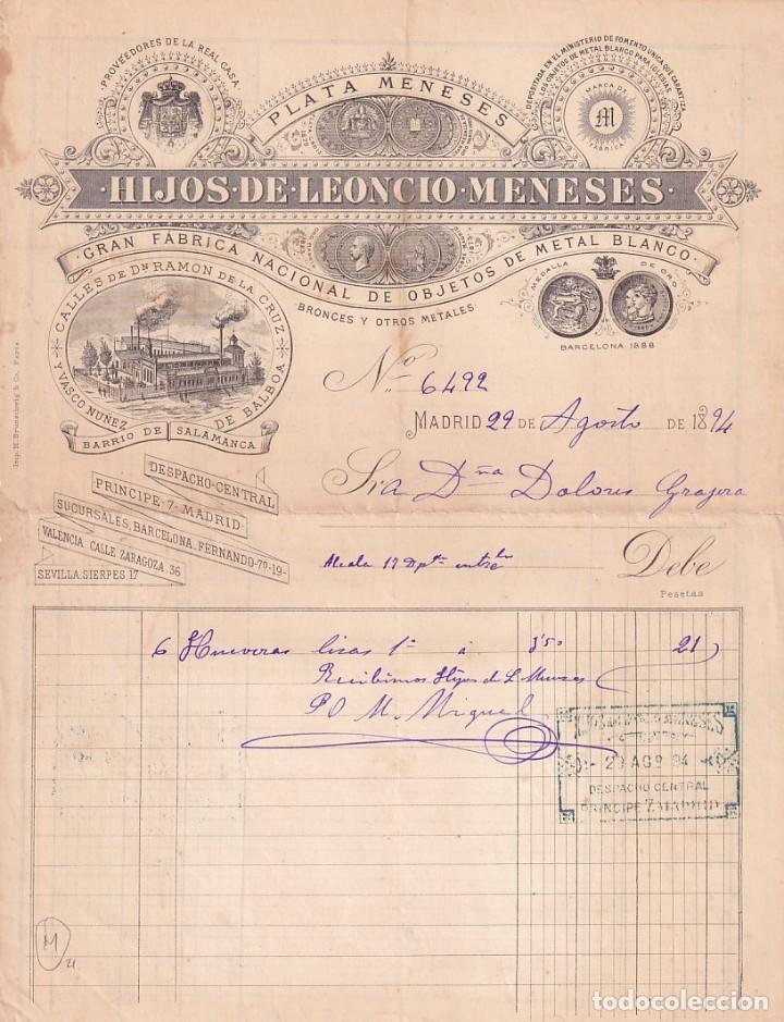 Gesch&auml;ftsbriefe: Hijos de Leoncio Meneses. F&aacute;brica de objetos de metal blanco. 1894 Madrid Firma propietario