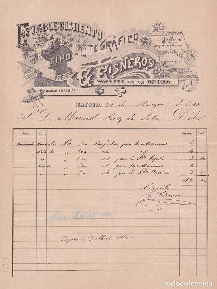 Commercial Letters: Establecimiento litogr&aacute;fico El Cisneros, sucesor de la Chica. 1910 Madrid firma propietario.