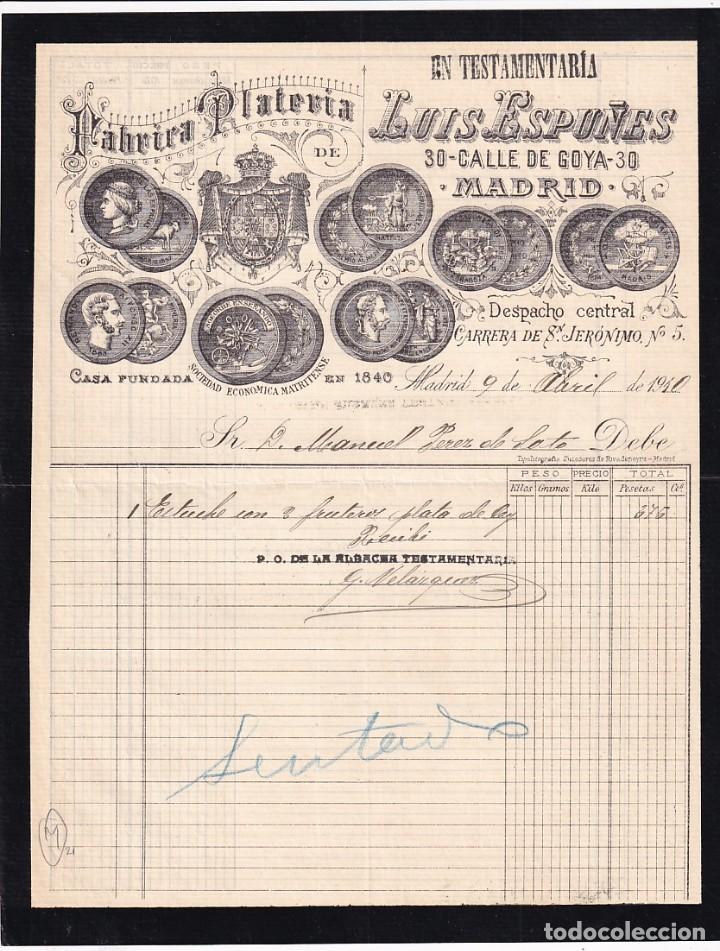 Gesch&auml;ftsbriefe: F&aacute;brica Plater&iacute;a Luis Espu&ntilde;es. Calle de Goya. 1910 Madrid firma propietario.