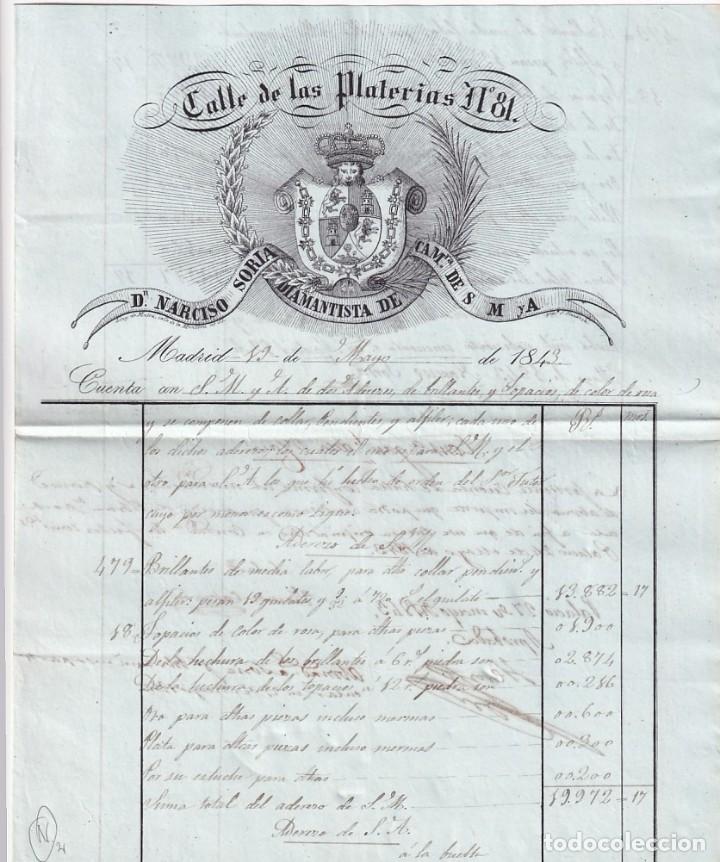 Cartas comerciales: Calle de las Platerias. Don Narciso Soria Diamantista de Sus Majestades. Madrid firma propietario.