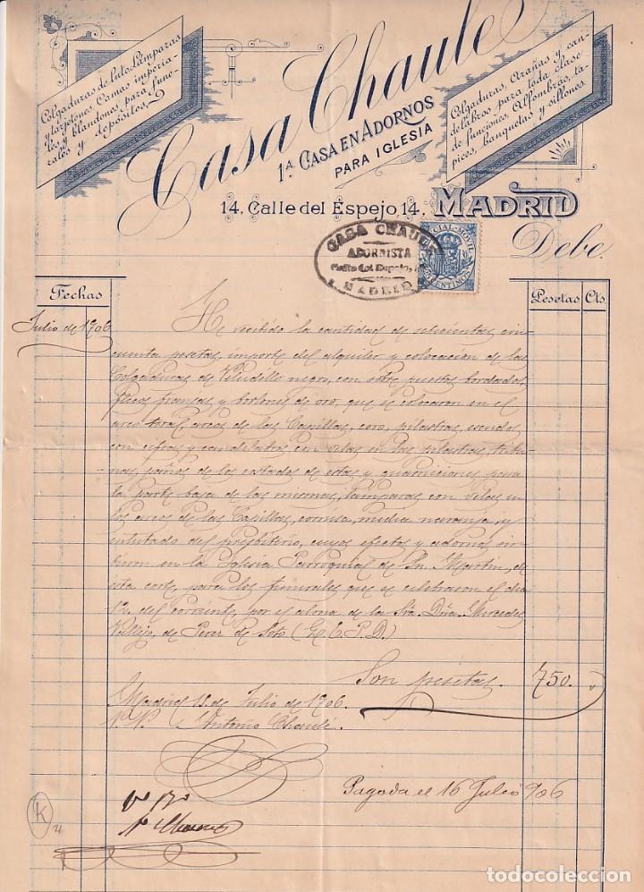 Commercial Letters: Casa Chaule. Colgaduras, ara&ntilde;as, candelabros. 1906 Madrid Firma propietario.