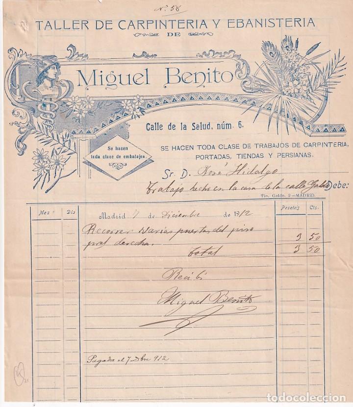 Commercial Letters: Miguel Benito. Calle de la Salud. Taller de carpinter&iacute;a y ebanisteria. Madrid Firma propietario.
