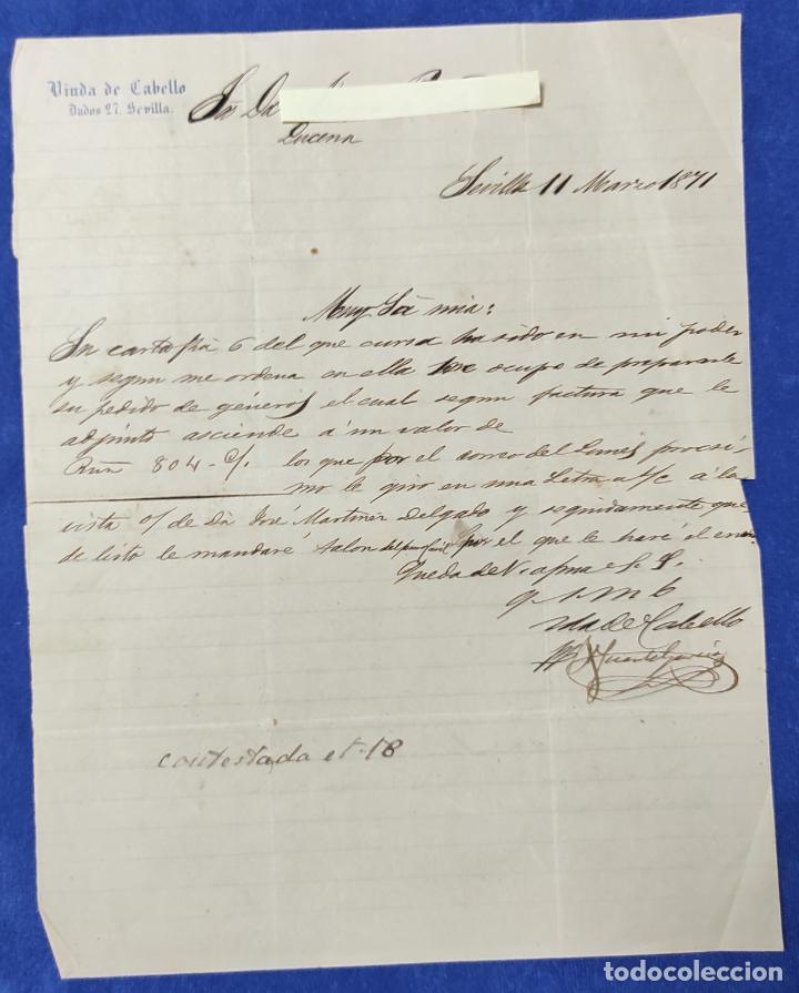 Cartas comerciais: Antigua Carta comercial F&aacute;brica Chocolates Viuda de Cabello . Sevilla 11 Marzo 1871
