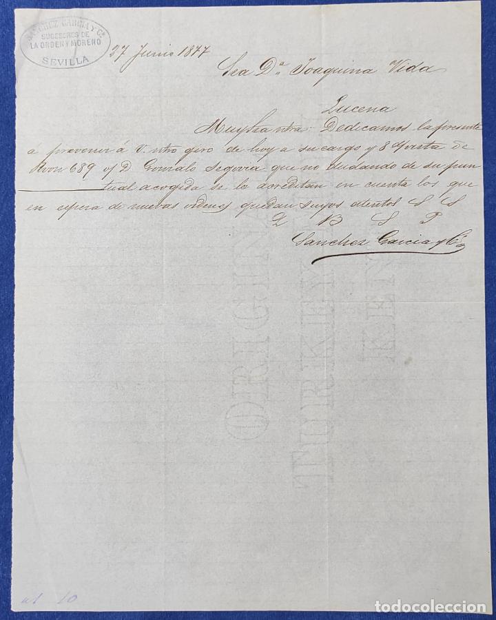 Cartas comerciais: Antigua Carta comercial S&aacute;nchez y Garc&iacute;a ( Sucesores de La Orden y Moreno ) Sevilla 1877