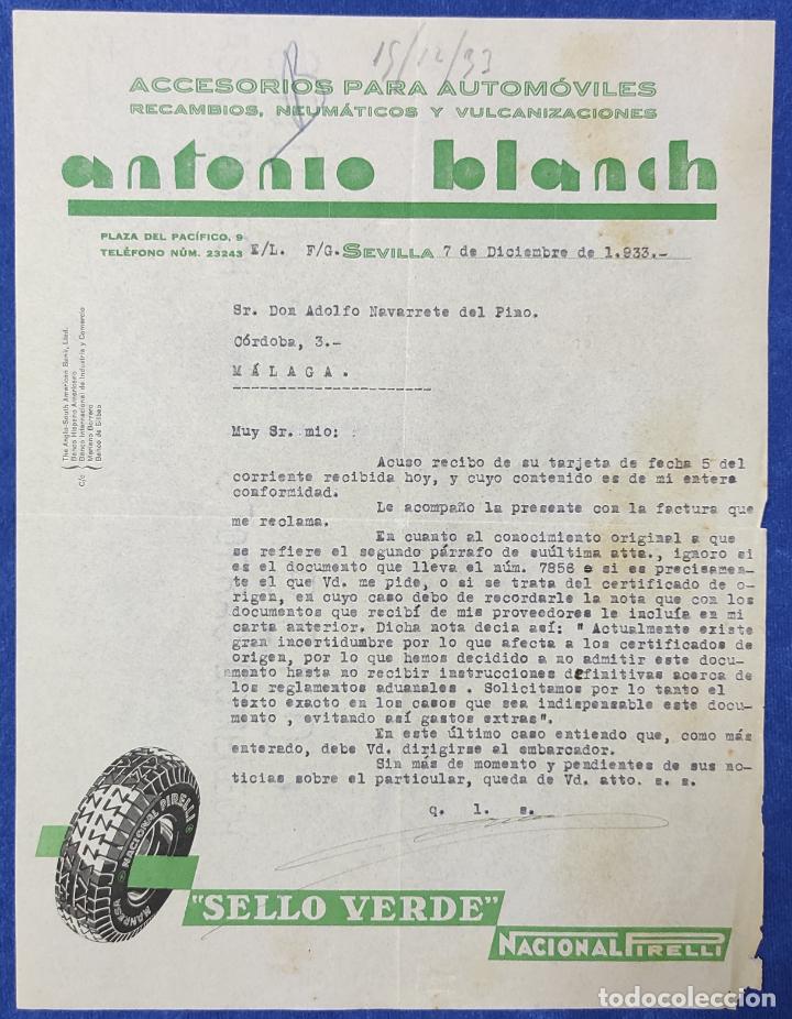 Cartas comerciais: Antigua Cartas comercial Accesorios para autom&oacute;vil Antonio Blanch . Sevilla 1933