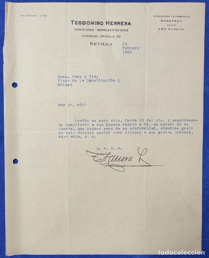 Cartas comerciais: Antigua Cartas comercial Comisiones Representaciones Teodomiro Herrera . Sevilla 1922