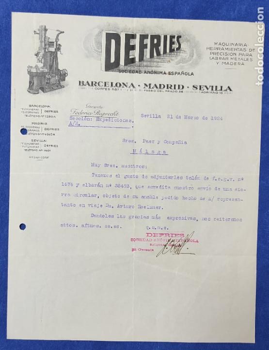 Cartas comerciais: Antigua Carta comercial Defries : Herramientas labrar metales y madera . Sevilla 1924
