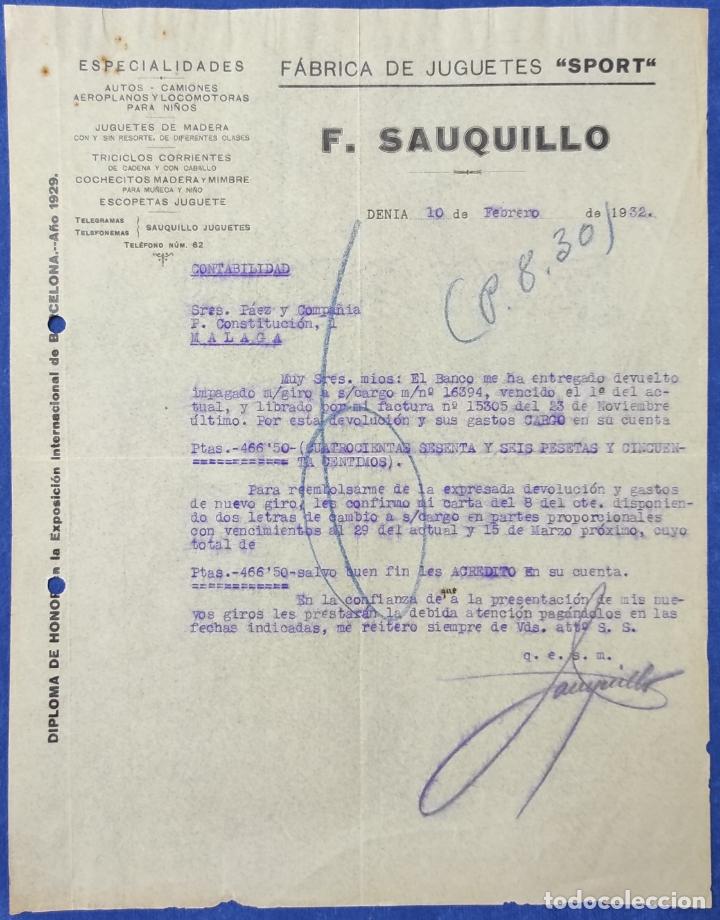Cartas comerciais: 2 Cartas comerciales F&aacute;brica Juguetes Sport : F. Sauquillo. Denia ( Alicante ) 1932
