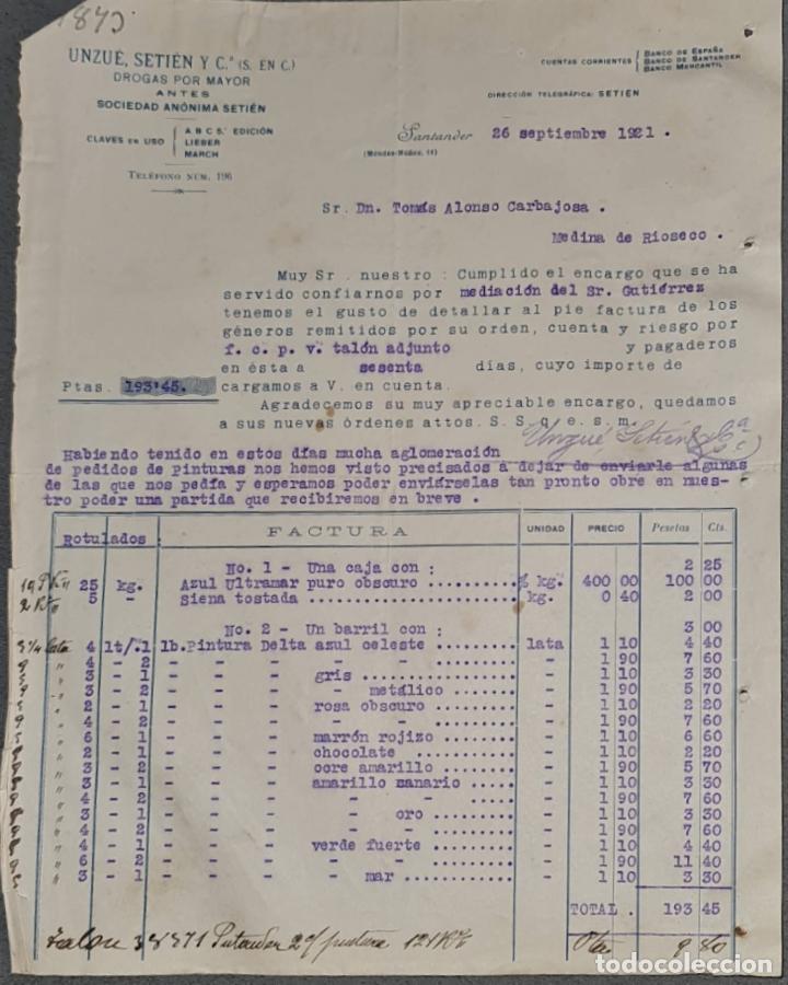 Cartas comerciais: U(nzu&eacute;, Seti&eacute;n y C&ordf; S. en C. Drogas por mayor. Antes Sociedad An&oacute;nima Seti&eacute;n. Santander 1921