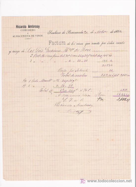 Commercial Letters: SANLUCAR DE BARRAMEDA-CARTA COMERCIAL DE COSECHERO Y ALMACENISTADE VINOS. RCARDO AMBROSY.