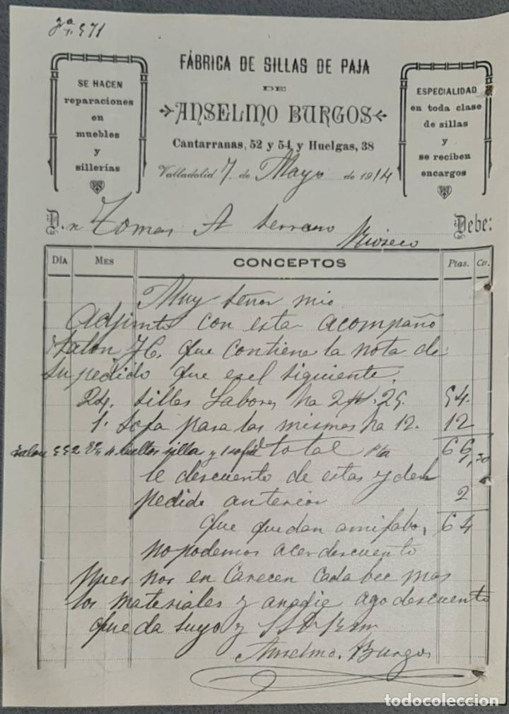Lettres commerciales: Anselmo Burgos. F&aacute;brica de sillas de paja. Valladolid. Espa&ntilde;a 1914