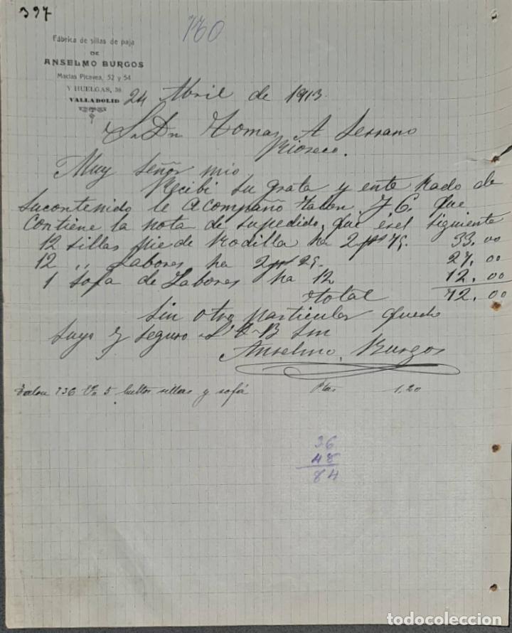 Lettres commerciales: Anselmo Burgos. F&aacute;brica de sillas de paja. Valladolid. Espa&ntilde;a 1913