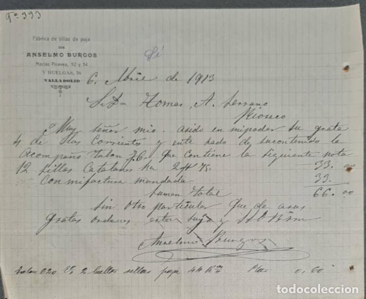 Lettres commerciales: Anselmo Burgos. F&aacute;brica de sillas de paja. Valladolid. Espa&ntilde;a 1913