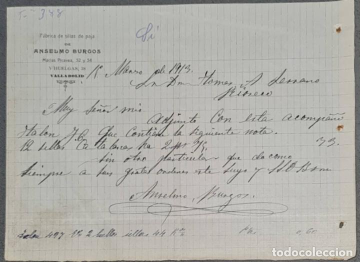 Lettres commerciales: Anselmo Burgos. F&aacute;brica de sillas de paja. Valladolid. Espa&ntilde;a 1913
