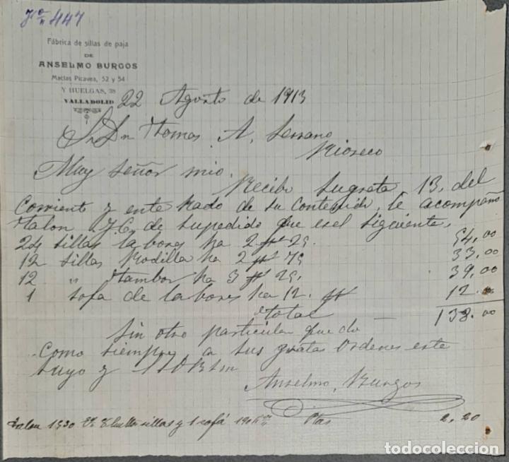 Lettres commerciales: Anselmo Burgos. F&aacute;brica de sillas de paja. Valladolid. Espa&ntilde;a 1913