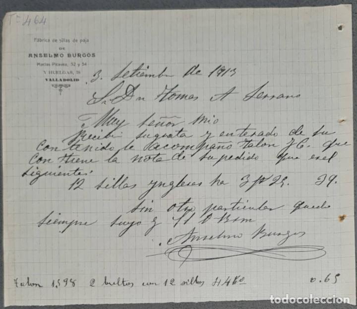 Lettres commerciales: Anselmo Burgos. F&aacute;brica de sillas de paja. Valladolid. Espa&ntilde;a 1913