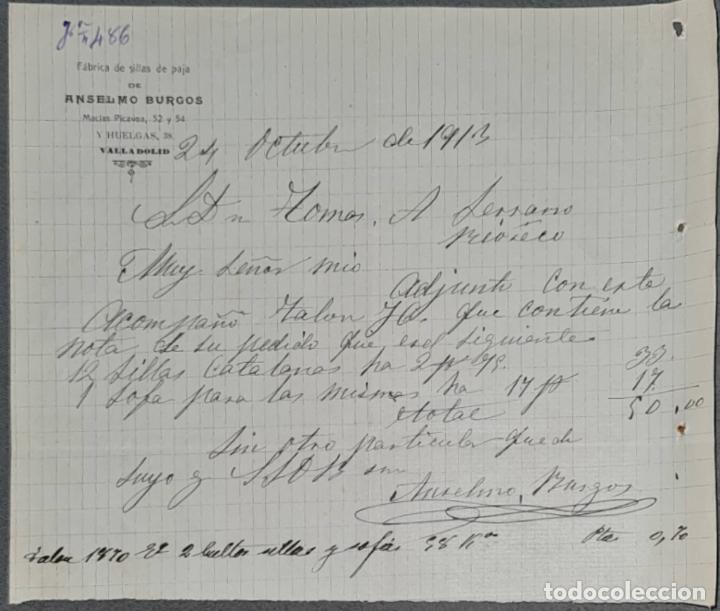 Lettres commerciales: Anselmo Burgos. F&aacute;brica de sillas de paja. Valladolid. Espa&ntilde;a 1913