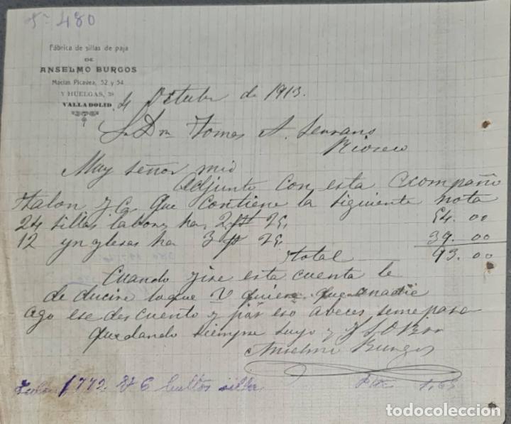 Lettres commerciales: Anselmo Burgos. F&aacute;brica de sillas de paja. Valladolid. Espa&ntilde;a 1913