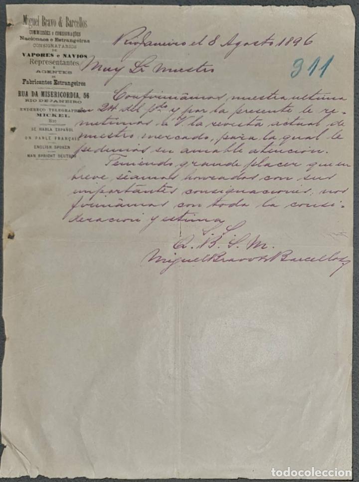 Lettres commerciales: Miguel Bravo & Barcellos. Consignaciones de vapores y nav&iacute;os. R&iacute;o de Janeiro. Brasil 1896