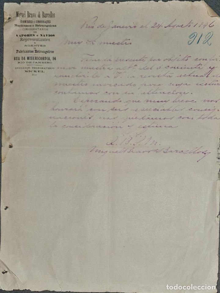 Lettres commerciales: Miguel Bravo & Barcellos. Consignaciones de vapores y nav&iacute;os. R&iacute;o de Janeiro. Brasil 1896