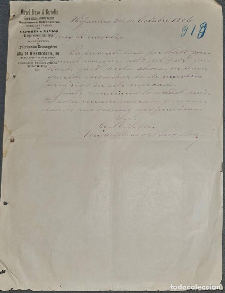 Lettres commerciales: Miguel Bravo & Barcellos. Consignaciones de vapores y nav&iacute;os. R&iacute;o de Janeiro. Brasil 1896