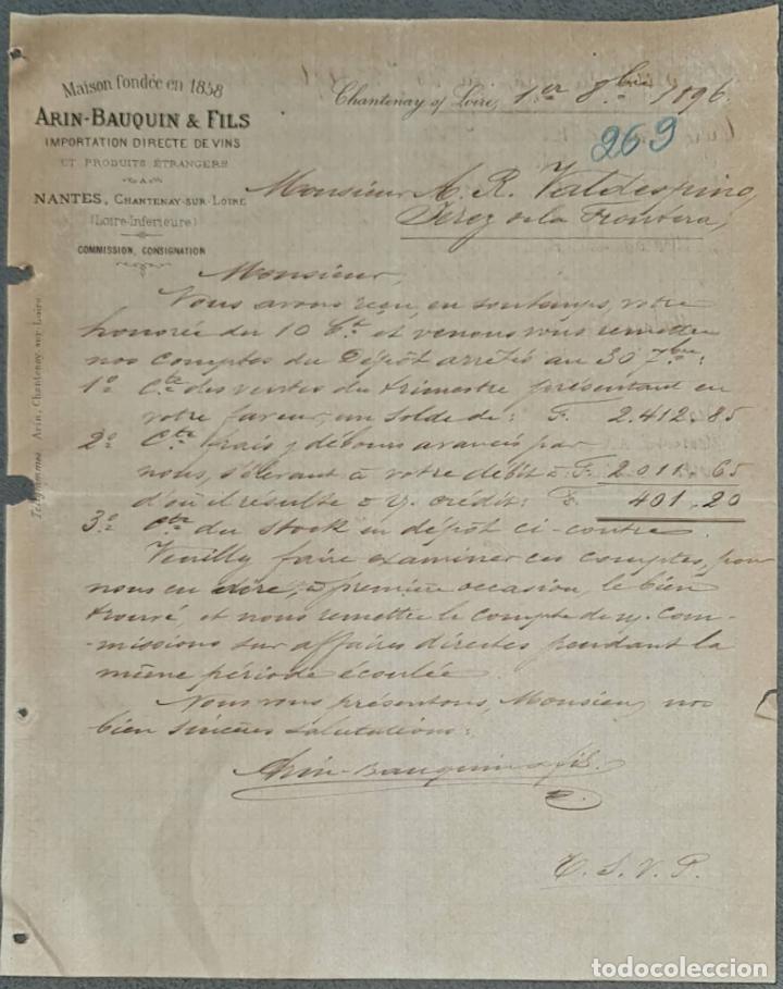 Lettres commerciales: Arin-Bauquin & Fils. Importation Directe de Vins. Chantonay. Francia 1896