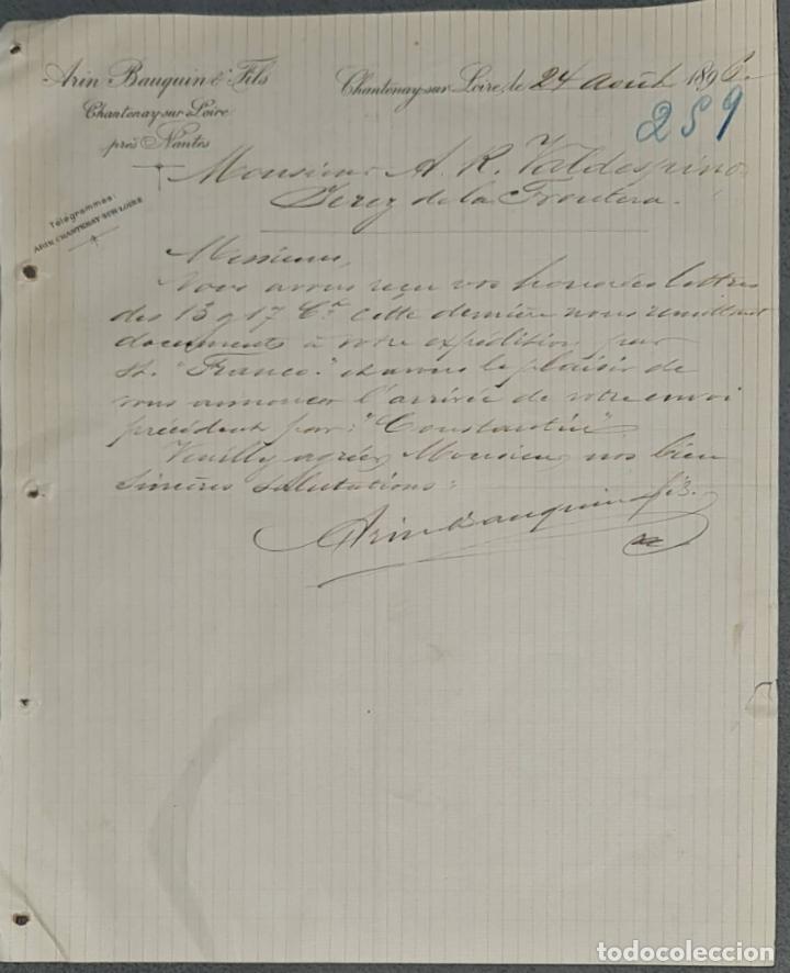 Lettres commerciales: Arin-Bauquin & Fils. Importation Directe de Vins. Chantonay. Francia 1896
