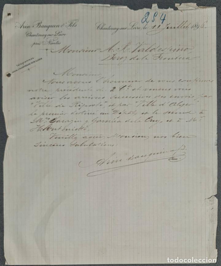 Gesch&auml;ftsbriefe: Arin-Bauquin & Fils. Importation Directe de Vins. Chantonay. Francia 1896