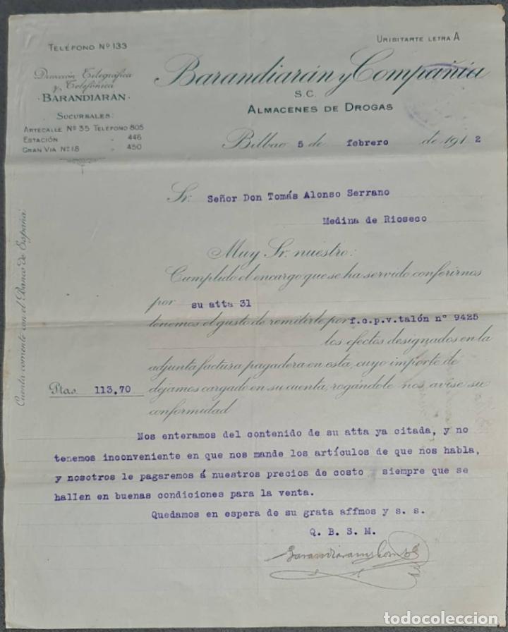 Gesch&auml;ftsbriefe: Barandiar&aacute;n y Compa&ntilde;&iacute;a. Grandes Almacenes de drogas y productos farmac&eacute;uticos. Bilbao. Espa&ntilde;a 1912