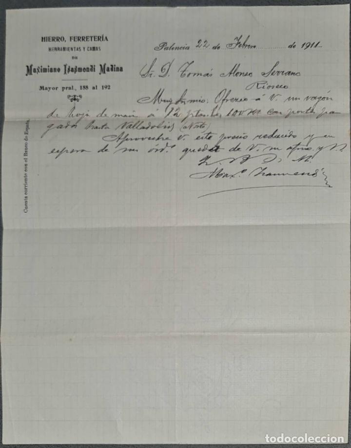 Gesch&auml;ftsbriefe: Maximiano Isasmendi Madina. Hierro, Ferreter&iacute;a, Herramientas y camas. Palencia. Espa&ntilde;a 1911